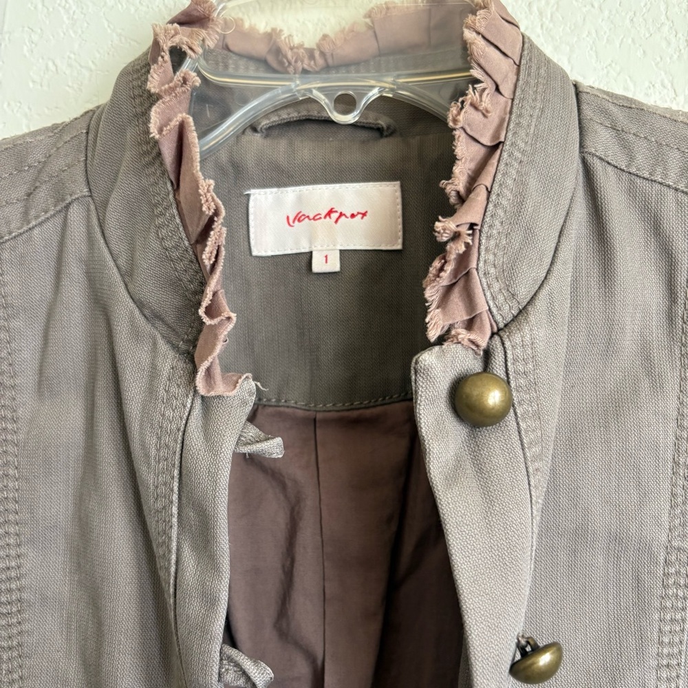 Jackpot Brand Women's Light Brown Military Style Jacket with Ruffle Trim, Sz. 1